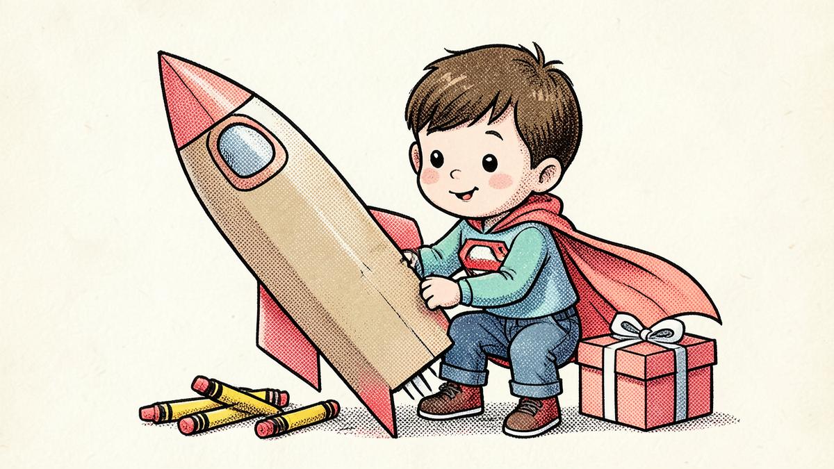 Czterolatek w pelerynie superbohatera buduje rakietę z kartonu obok prezentu