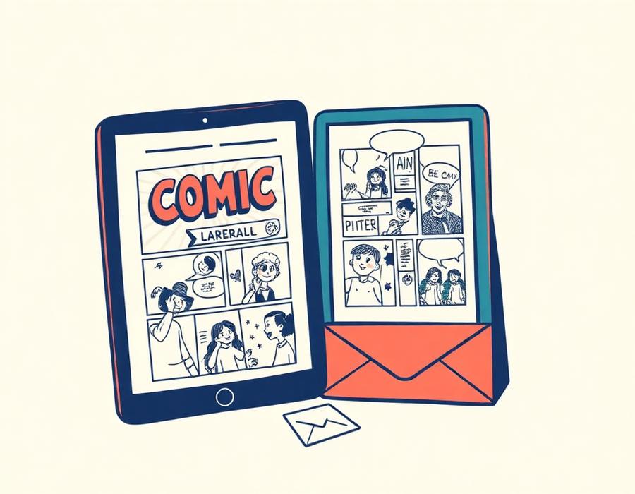 A comic book next to a tablet showing a comic page and an envelope
