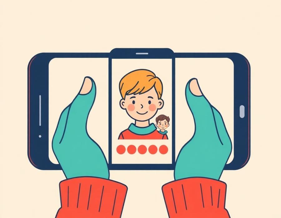 Hands holding a phone with a child's photo next to an avatar builder