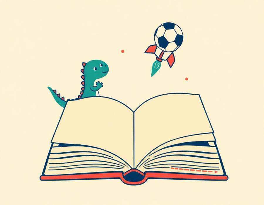 An open storybook with a dinosaur, a rocket and a football above it